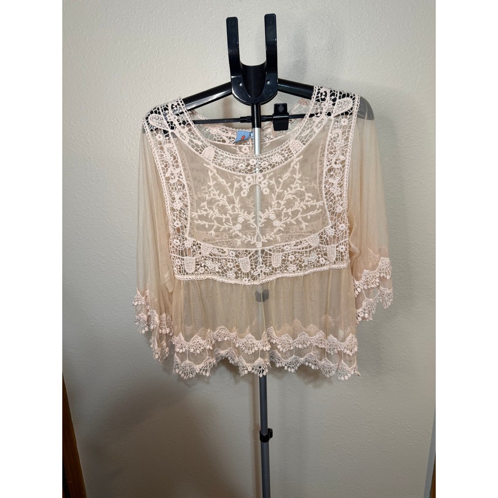 Pink Melo Sheer Mesh Crochet Lace Boho Babydoll Top Peach Pink Large‎